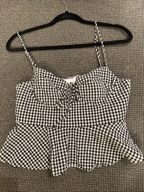 Isalis Black & White Gingham Lace-Up Peplum Cami Top